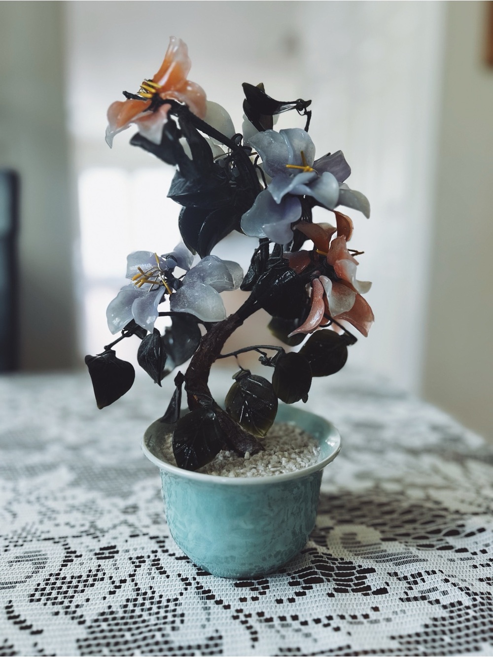 Vintage Handcrafted Glass Flower Tree Floral arrangement turquoise planter decor